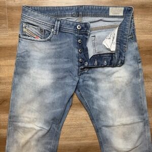 Diesel Jeans Men 31x30 Blue Larkee Straight Leg Stretch Acid Wash (Hemmed 27")